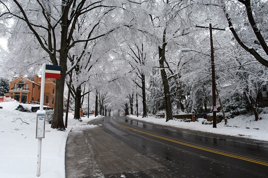 A bus stop topped with a blue and red flag sits on a snow-covered residential street