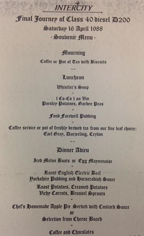 InterCity’s final journey souvenir train pun menu, 16th April 1988. NRM Ref: ALS2/97/A/5